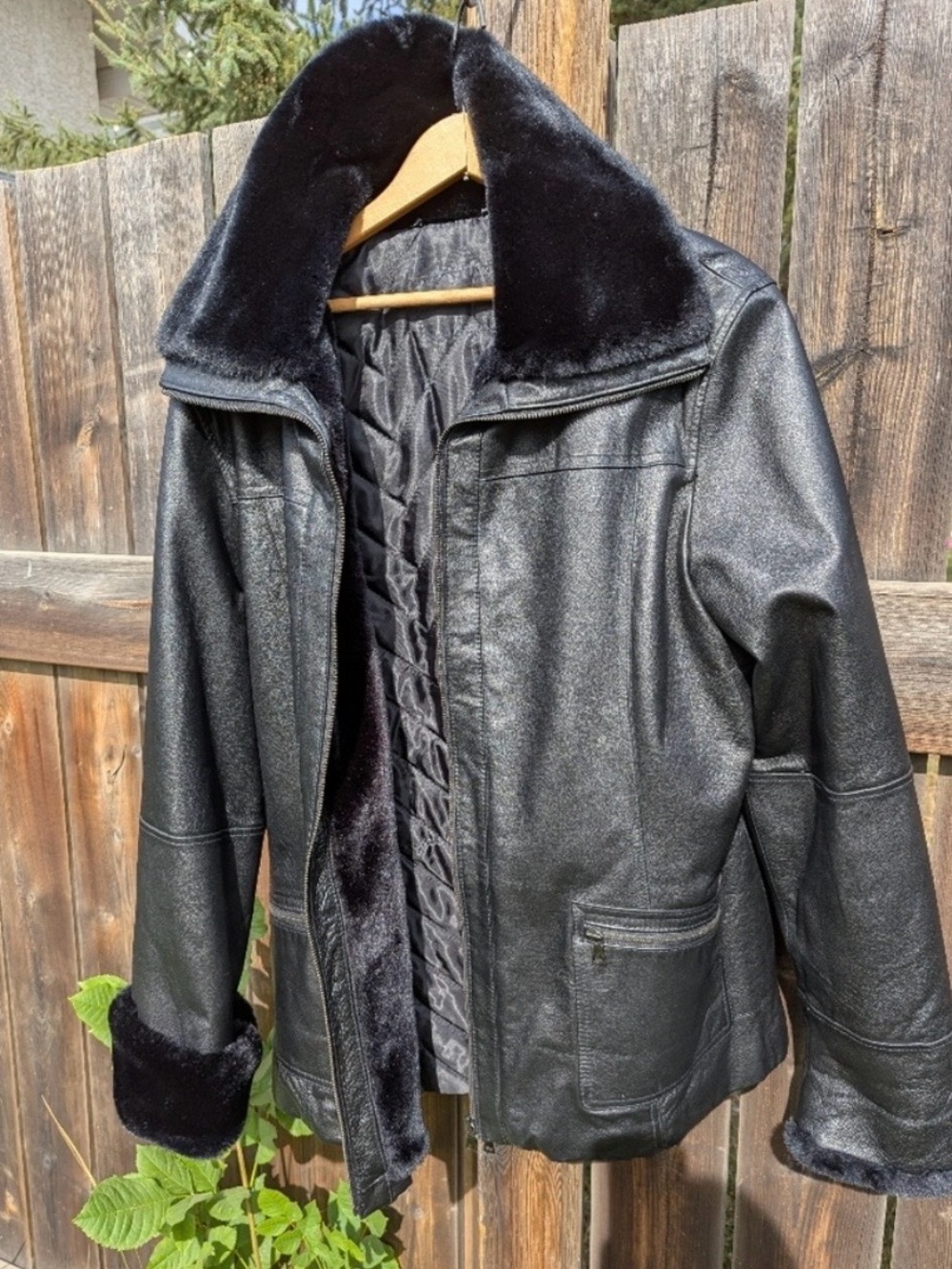 Genuine Leather Winter Coat with Black Fir Trim